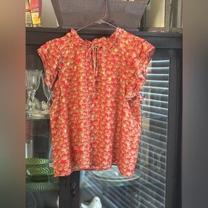 AVARA Bold & Beautiful Ruffled Sleeve Top. Bright Red/Metallic Gold. Sz~XL EUC